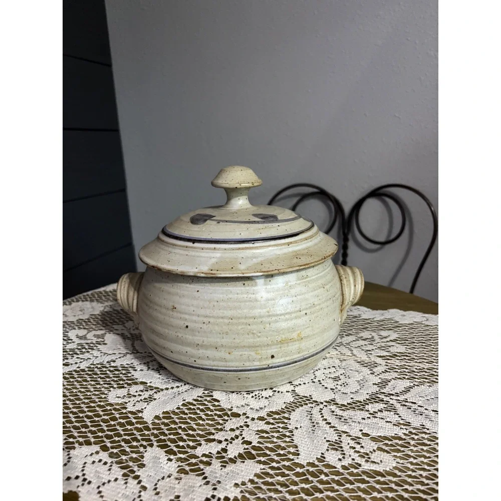 Vintage Studio Pottery Lidded Bean Pot Signed Handcrafted Stoneware Casserole